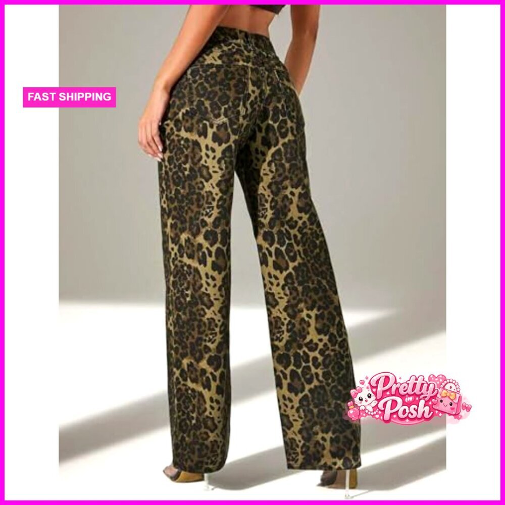 Leopard Print Wide Leg Denim Pants Mid Rise Boyfriend Fit - Picture 2 of 7